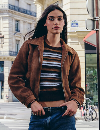 Chaqueta de antelina marr&oacute;n co&ntilde;ac mujer