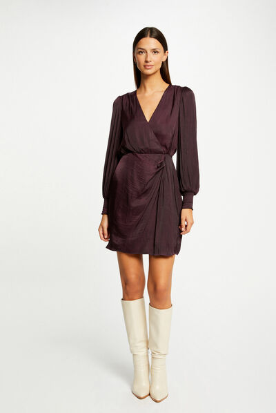 Vestido entallado drapeado de satén ciruela mujer