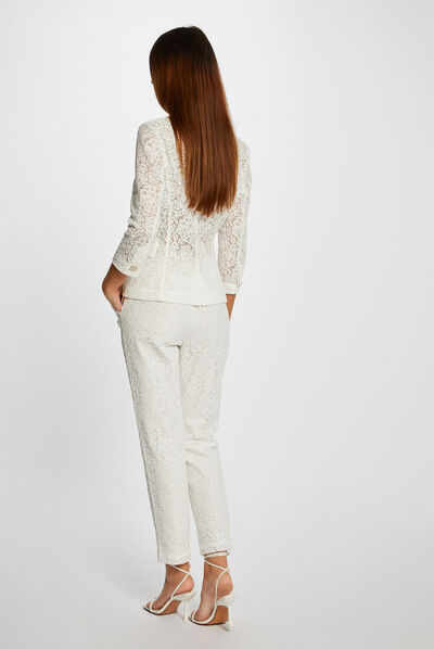 Pantalón recto de encaje crudo mujer