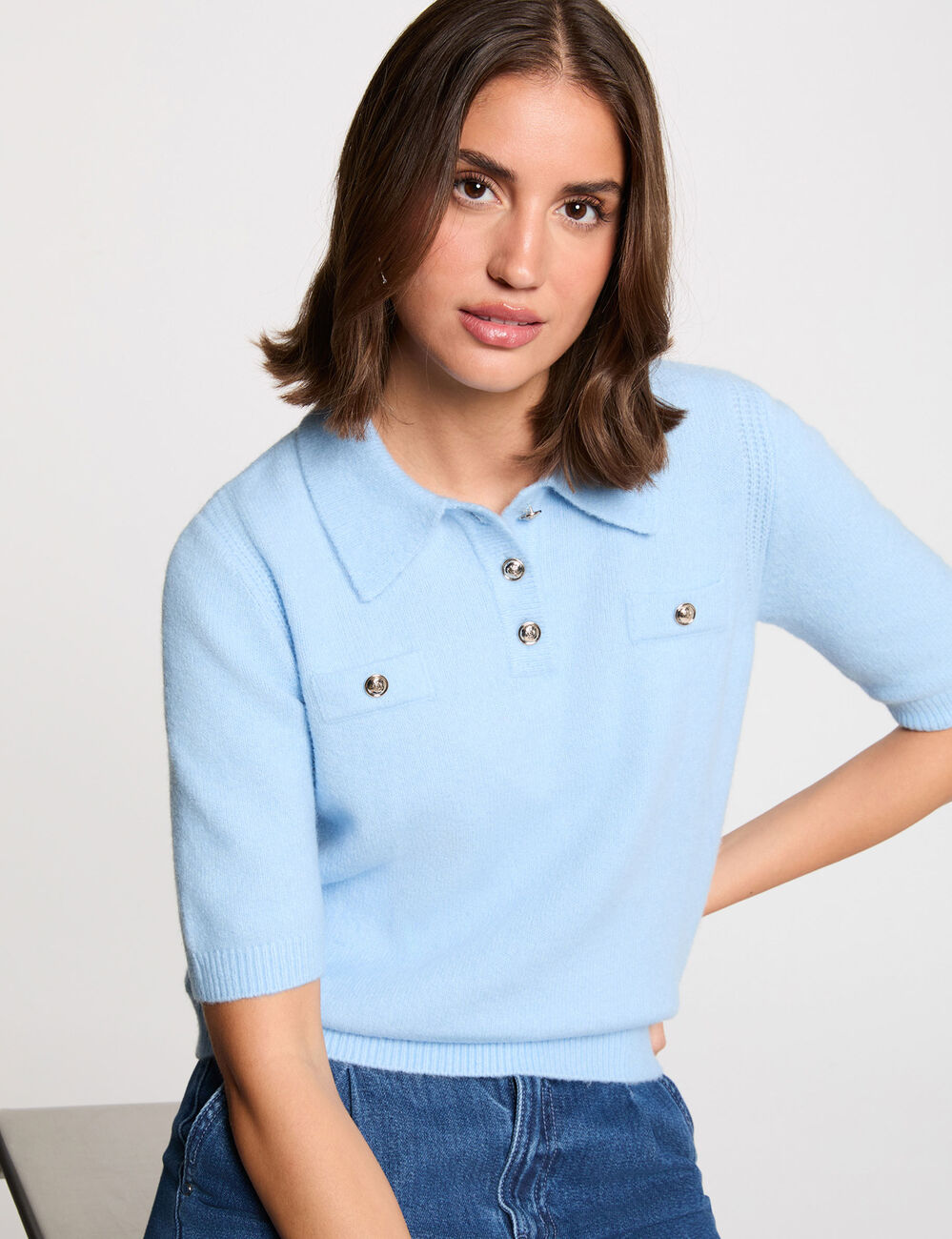 Jersey ajustado con cuello vuelto azul claro mujer