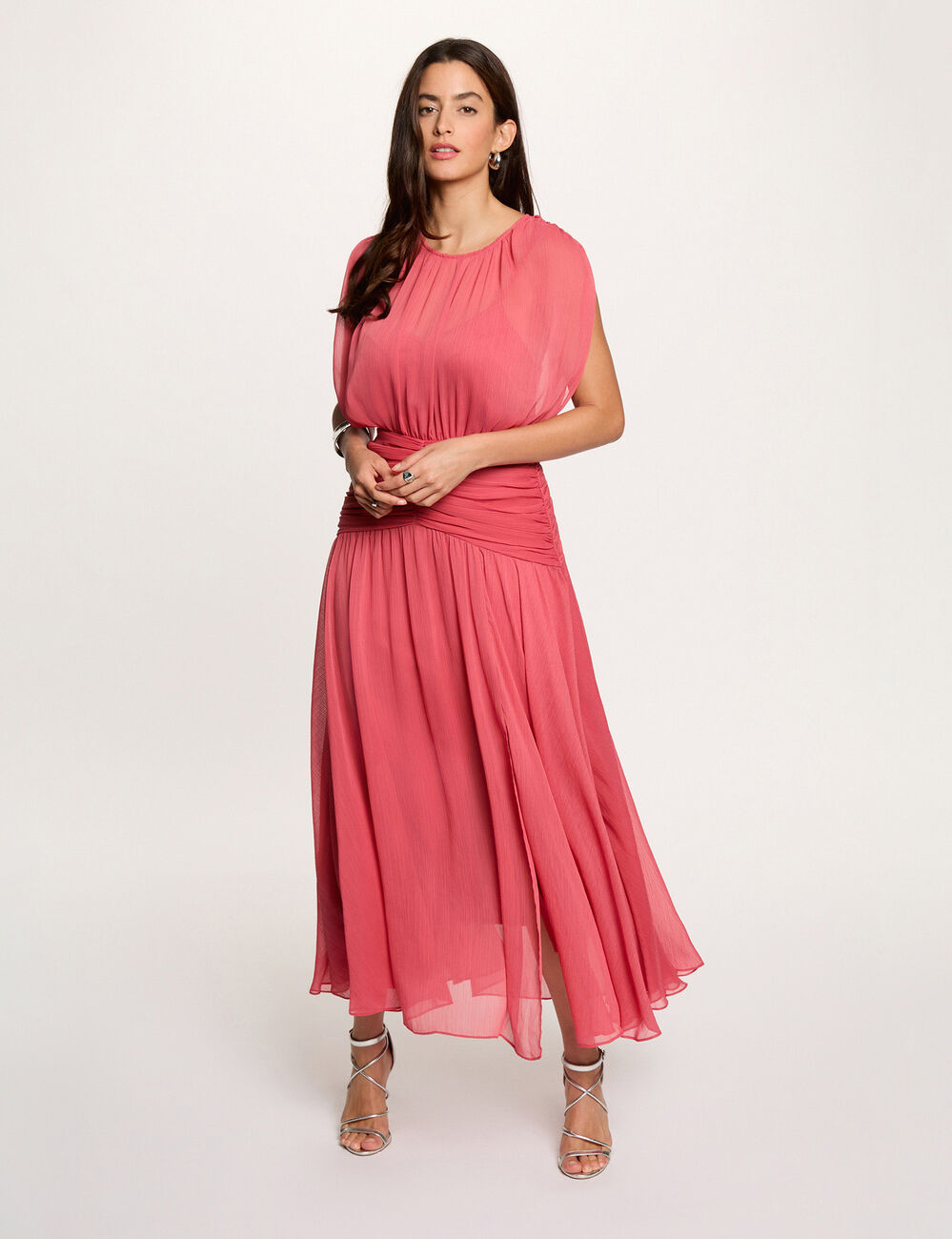 Vestido largo drapeado rosa envejecido mujer