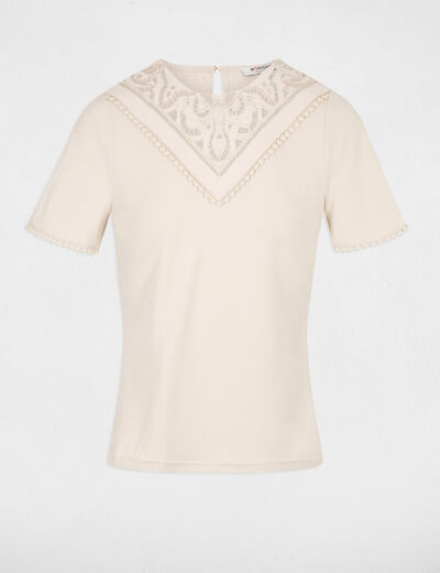 Camiseta manga corta bordada beis claro mujer