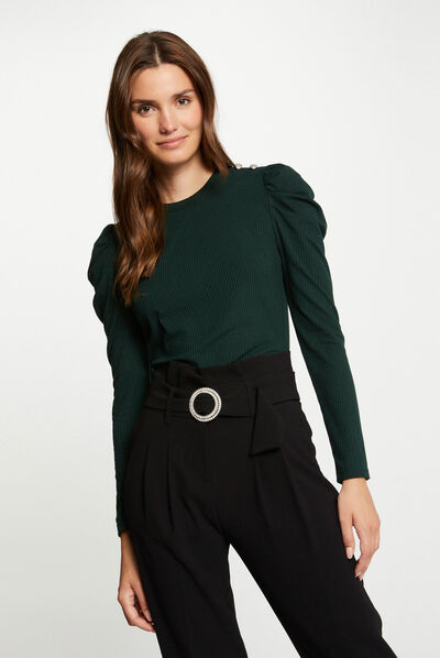 Camiseta manga larga acanalada verde oscuro mujer
