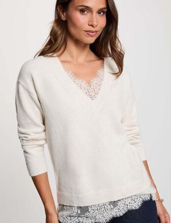 Jersey de cuello en V y mangas largas marfil mujer