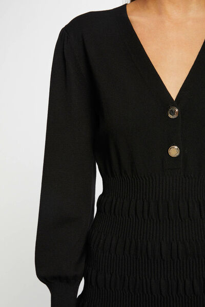 Vestido de punto patinadora escote en V negro mujer