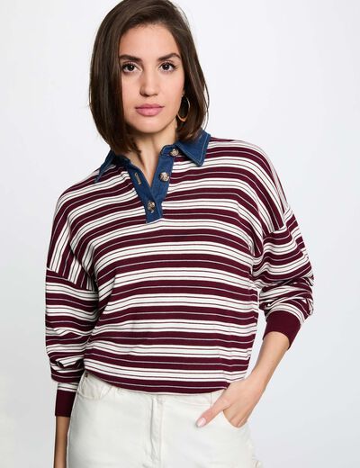 Jersey de rayas con cuello vuelto burdeos mujer