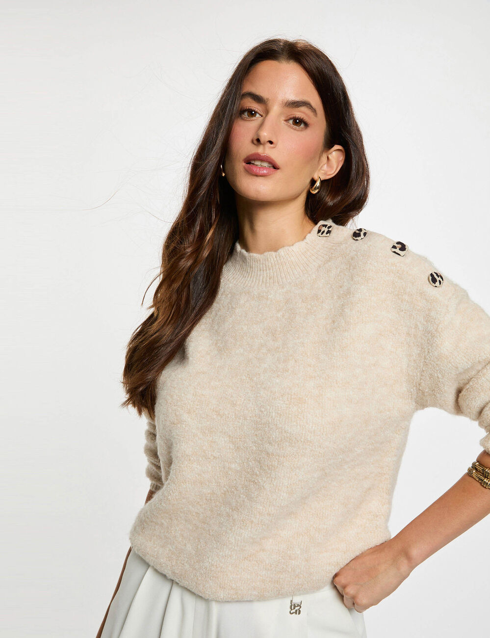 Jersey corto cuello fantas&iacute;a beige mujer