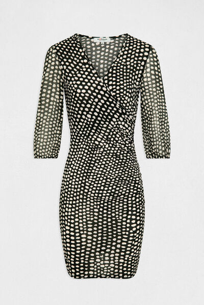 Vestido ajustado drapeado estampado negro mujer