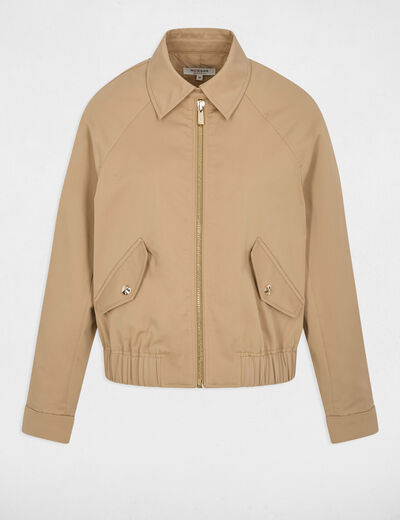 Chaqueta corta cuello abierto beige mujer