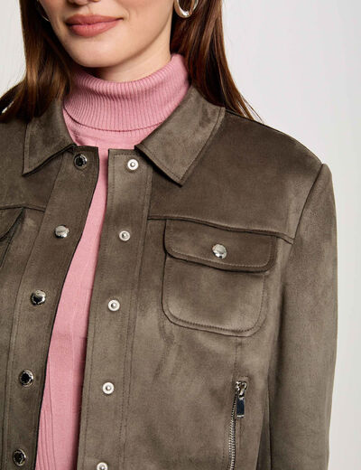 Chaqueta de antelina con botones verde caqui mujer