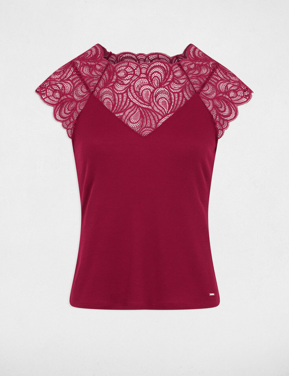 Camiseta de encaje cuello redondo burdeos mujer