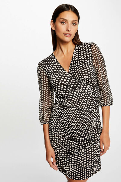 Vestido ajustado drapeado estampado negro mujer
