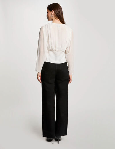 Blusa manga larga drapeada blanco mujer
