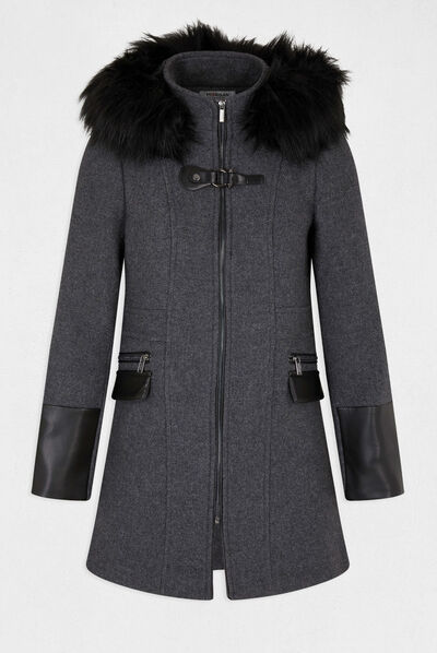 Abrigo recto con cremallera y capucha gris anthracite mujer
