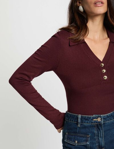 Jersey entallado con cuello polo ciruela mujer
