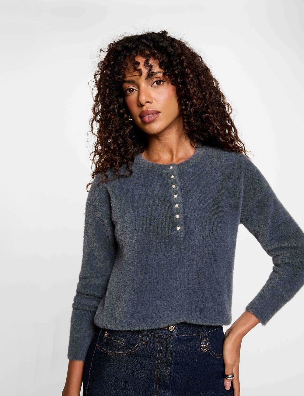 Jersey con cuello redondo y botones mujer