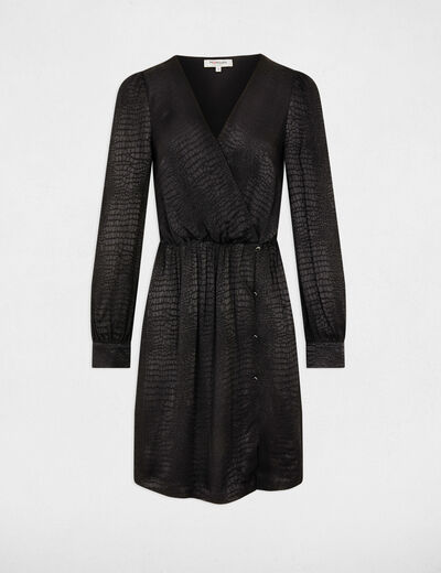 Vestido recto de satén estampado animal negro mujer