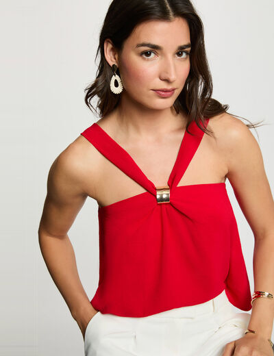 Top plisado con cuello alto rojo mujer