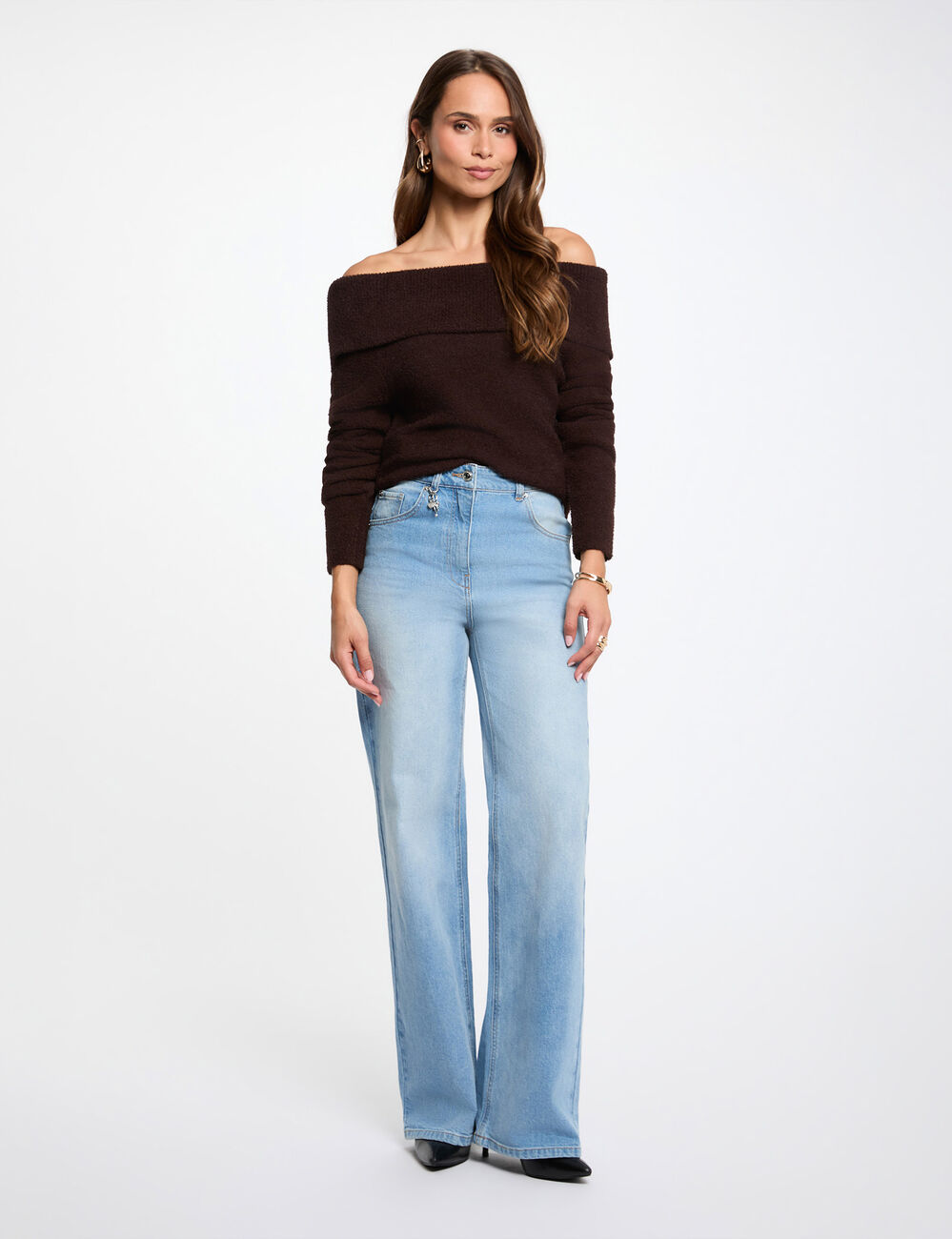 Jersey con cuello bardot marr&oacute;n oscuro mujer