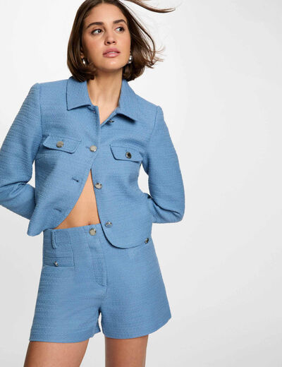 Chaqueta corta tweed bleu gris mujer