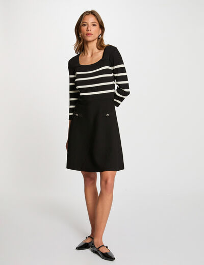 Vestido punto evasé con rayas negro mujer