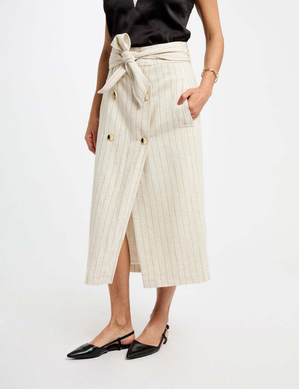 Falda midi con rayas beige mujer