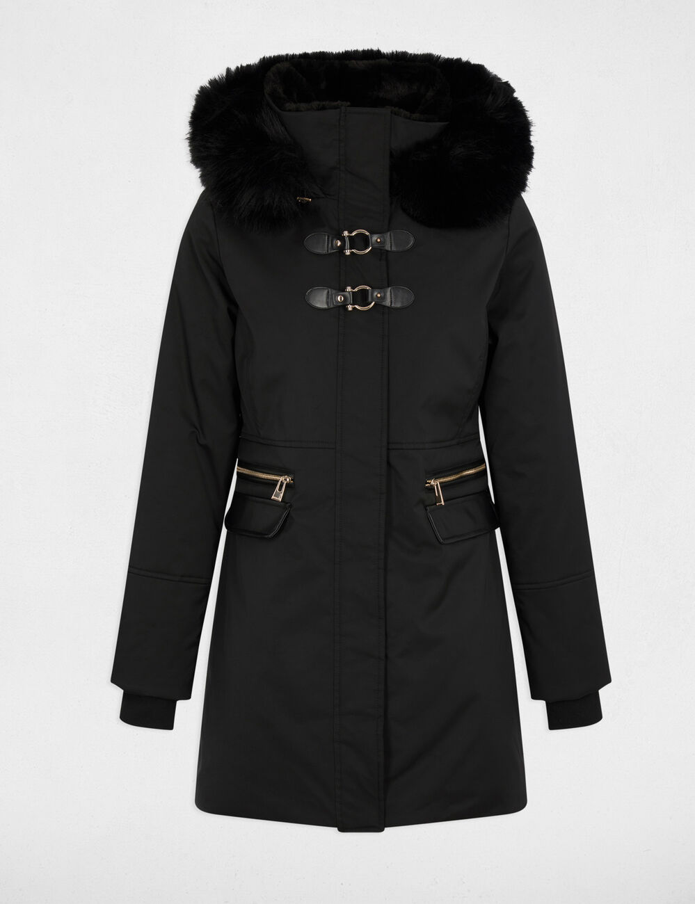 Parka recta de media longitud negro mujer