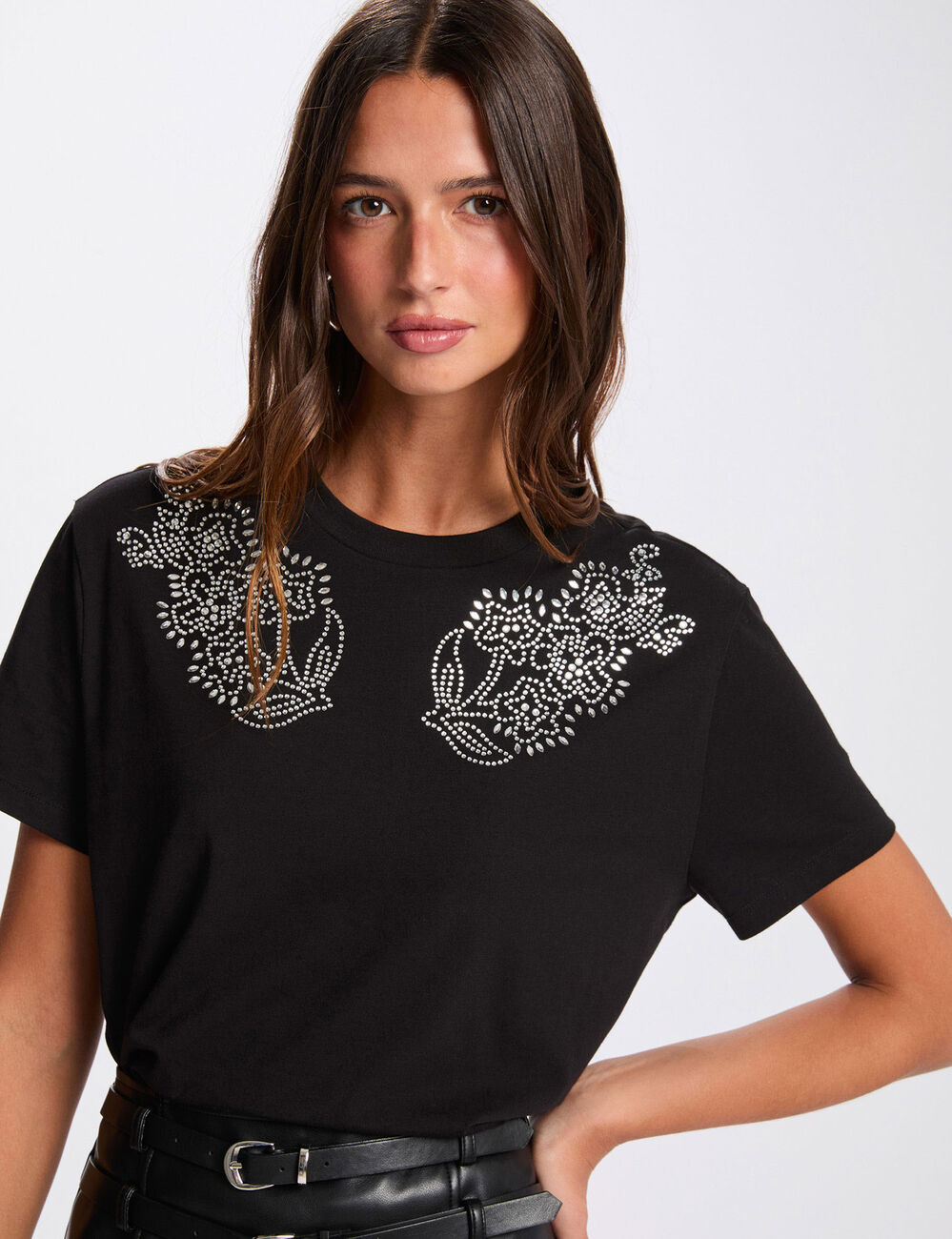 Camiseta con motivo de strass negro mujer