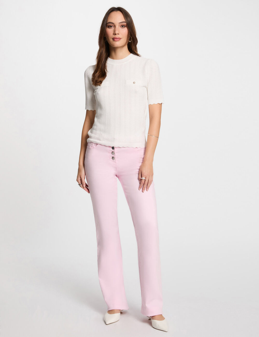Pantalón boot-cut abotonado rosa pastel mujer