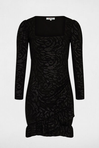 Vestido ajustado drapeado estampado negro mujer