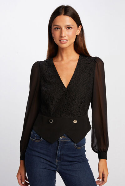 Blusa manga larga con encaje negro mujer