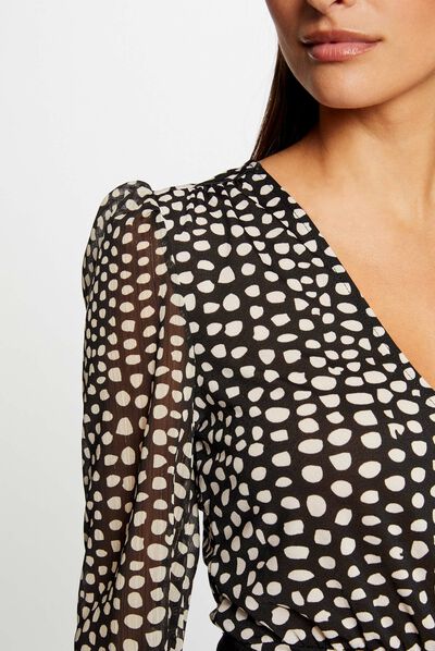 Camiseta manga larga estampado lunares negro mujer