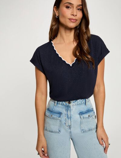 Camiseta cuello v manga corta azul marino mujer