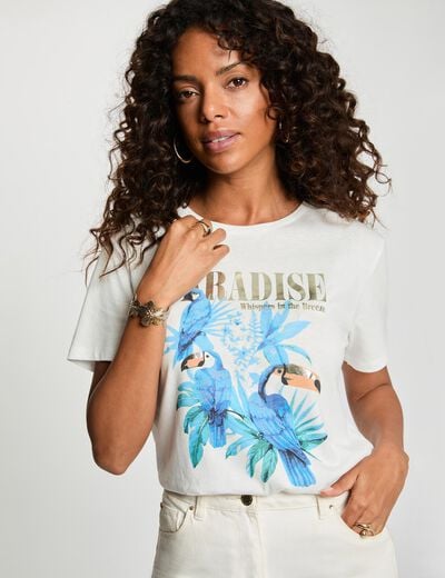 Camiseta estampada cuello redondo blanco mujer