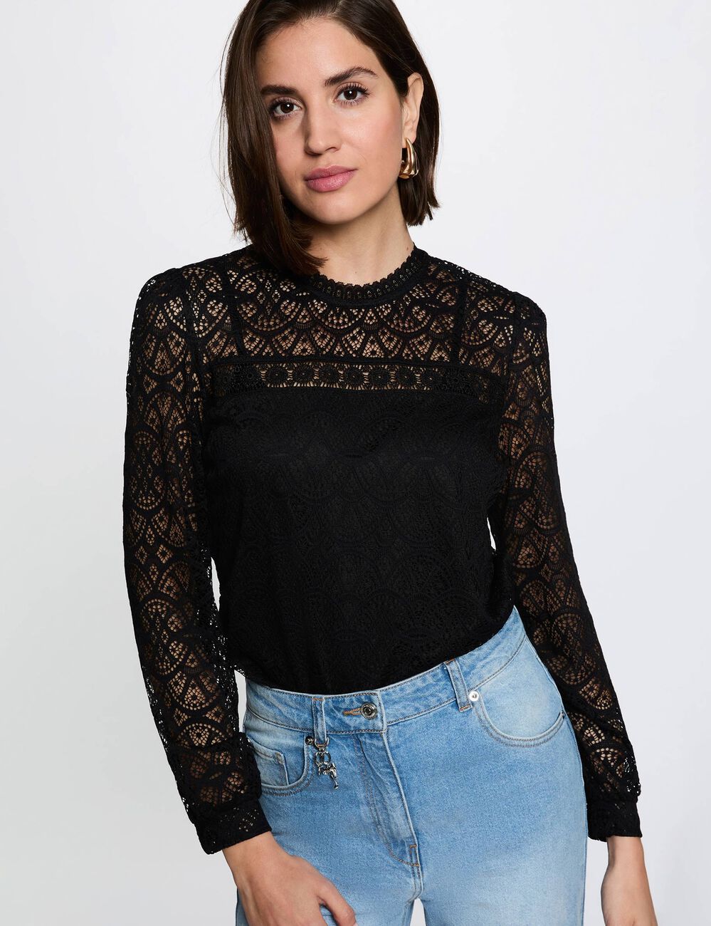 Camiseta de encaje manga larga negro mujer