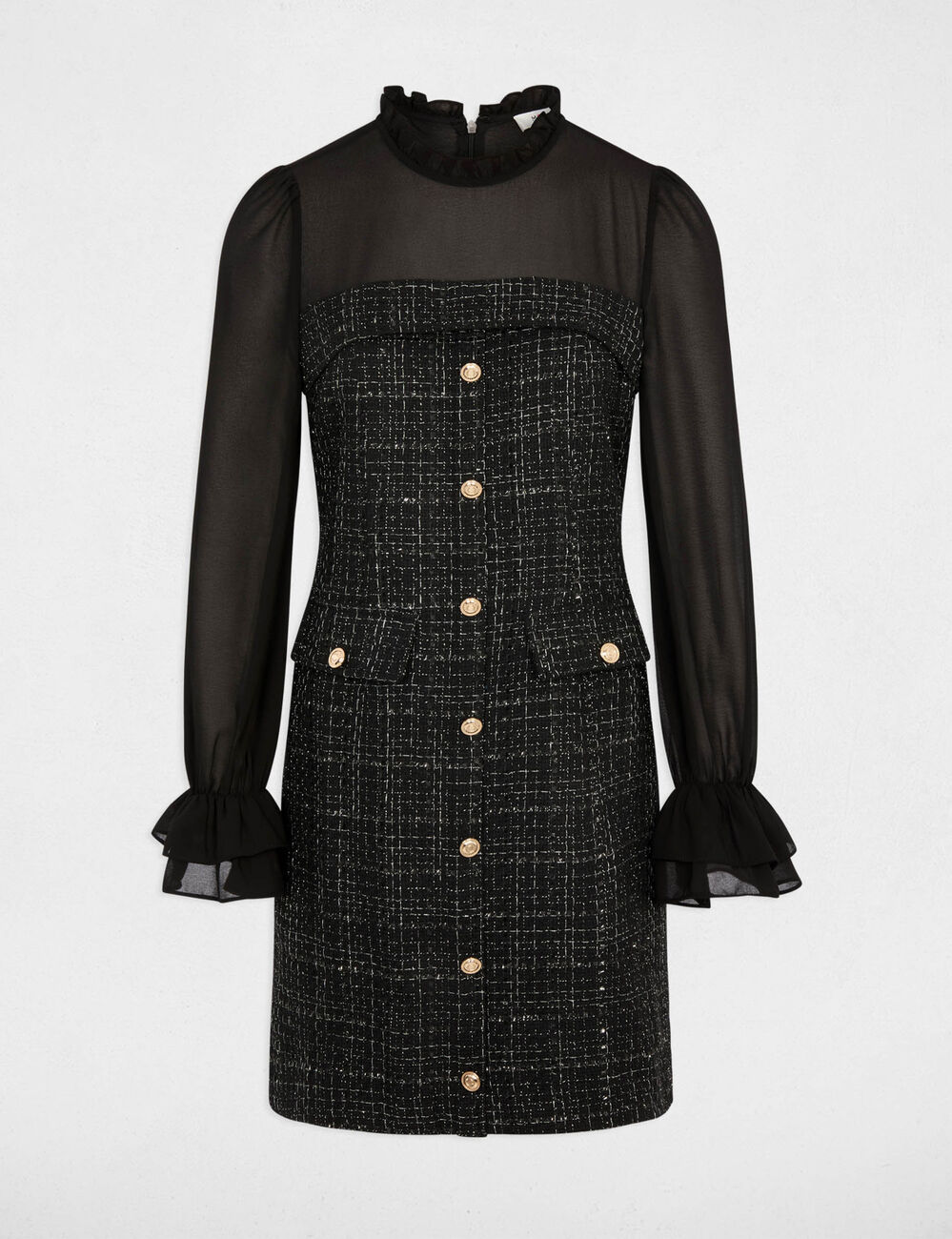 Vestido de tweed con mangas largas negro mujer