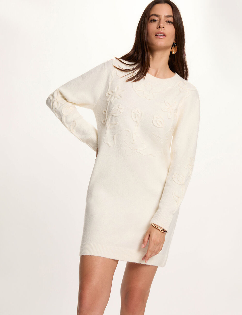 Vestido de punto manga larga marfil mujer