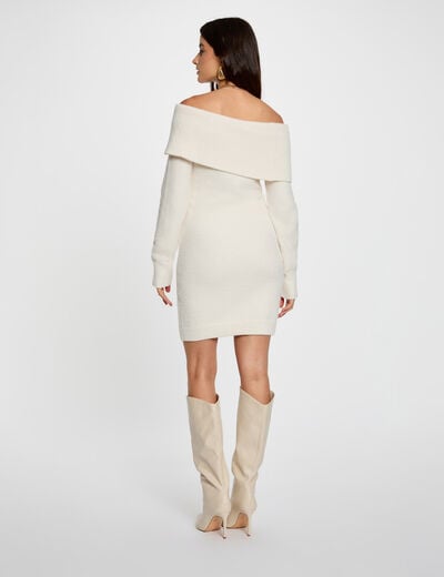 Vestido de punto con cuello bardot marfil mujer