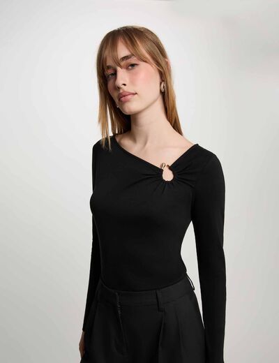 Camiseta escote manga larga negro mujer