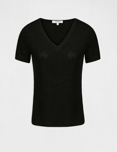 Camiseta manga corta con escote en V negro mujer