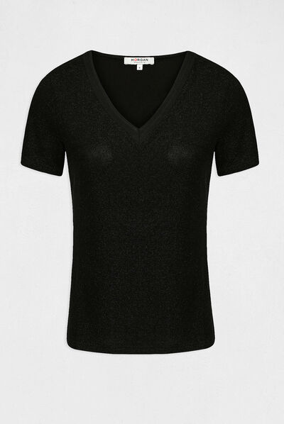 Camiseta manga corta con escote en V negro mujer