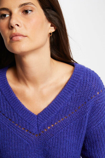 Jersey manga larga con escote en V morado mujer