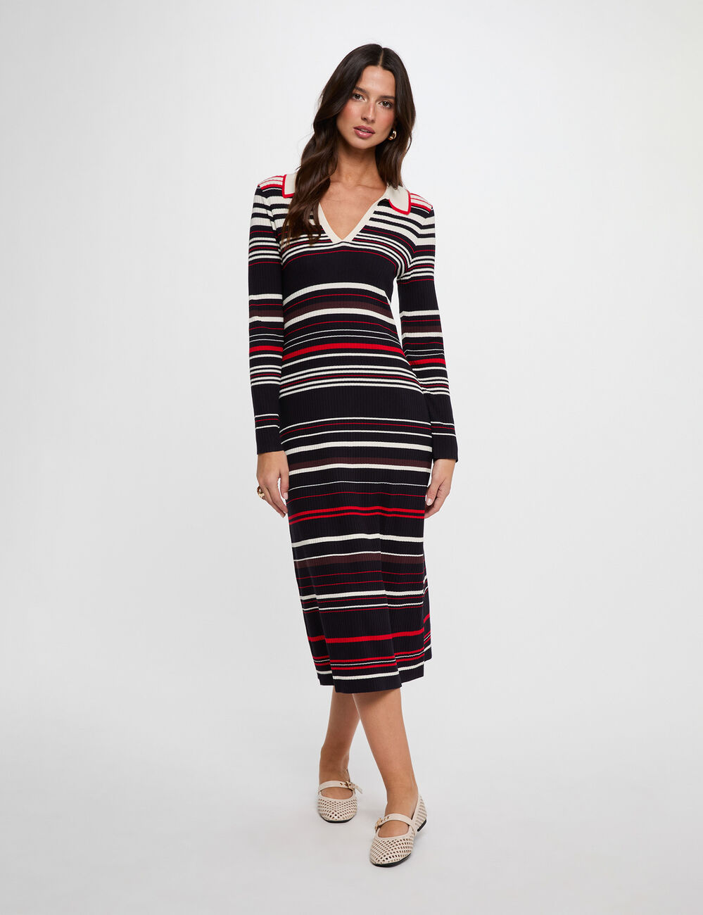 Vestido de punto rayado manga larga azul marino mujer