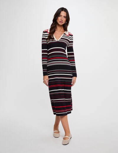 Vestido de punto rayado manga larga azul marino mujer