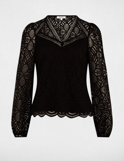 Camiseta encaje escote en V negro mujer