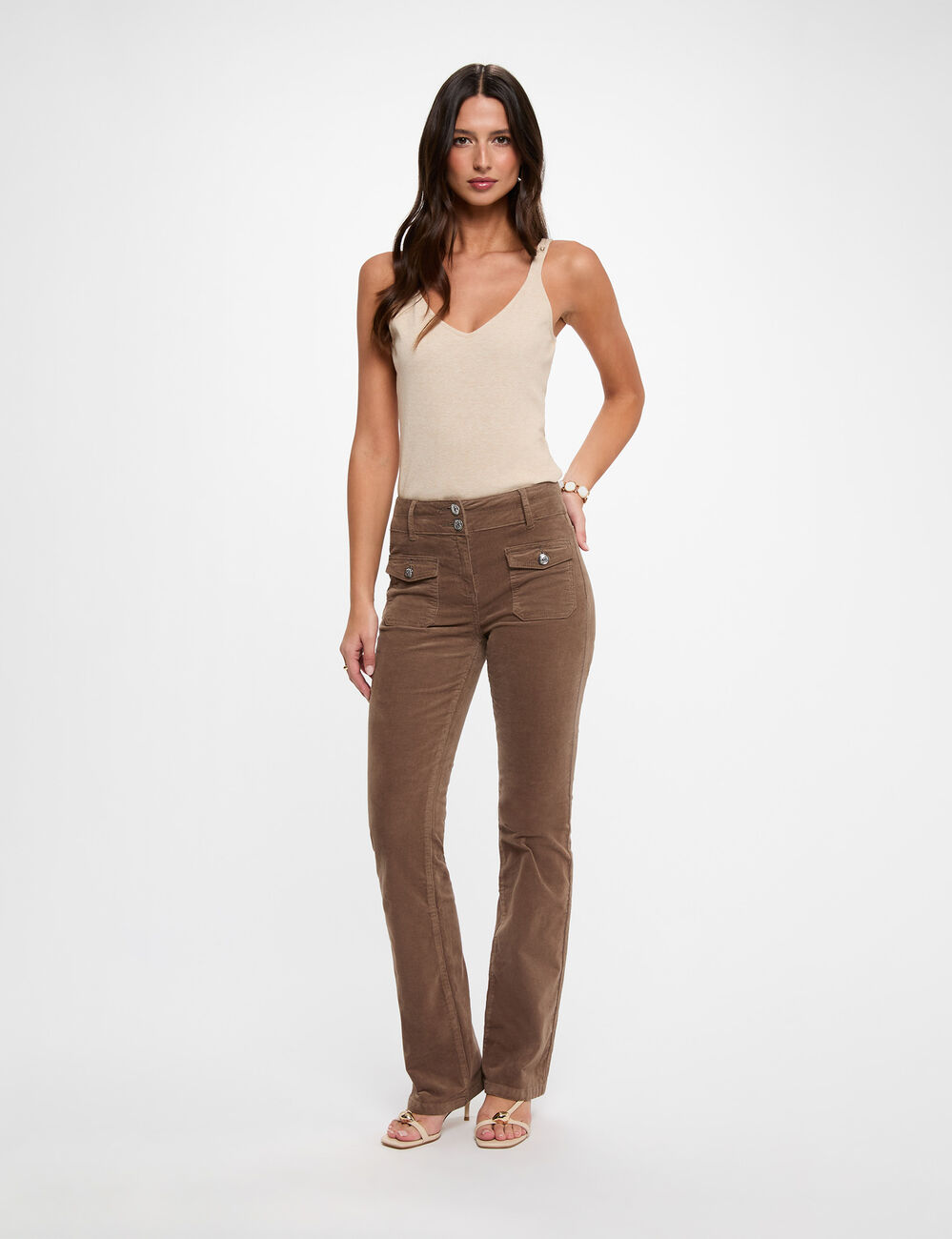Pantal&oacute;n ajustado terciopelo verde caqui mujer