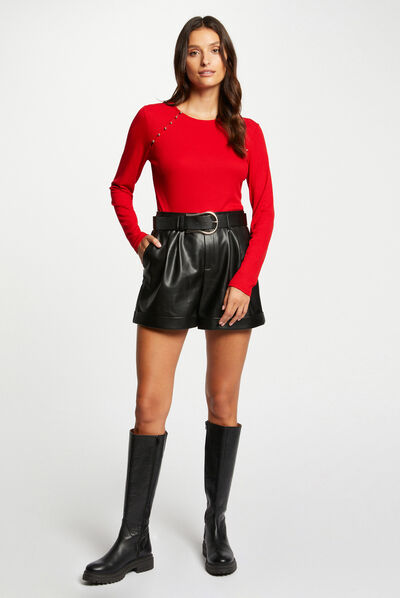 Camiseta manga larga acanalada rojo mujer