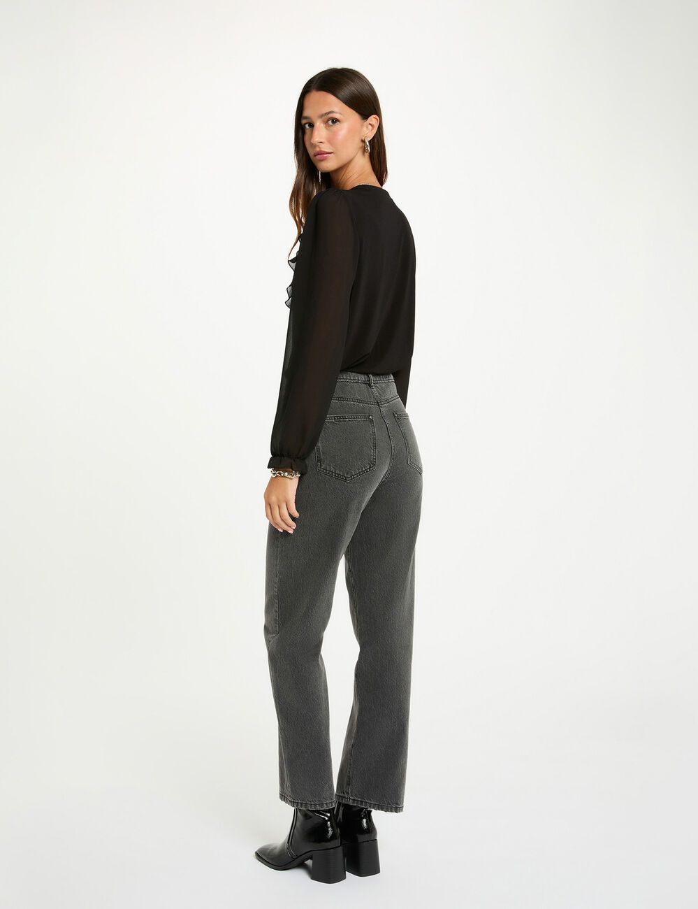 Camiseta de gasa con cuello en v negro mujer