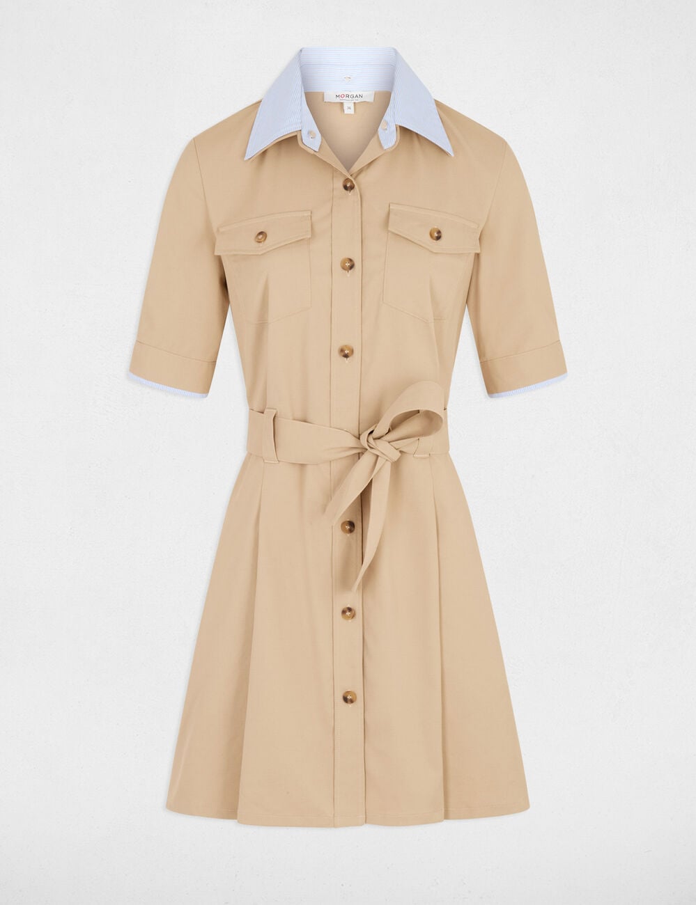 Vestido corto con cuello de solapa beige mujer