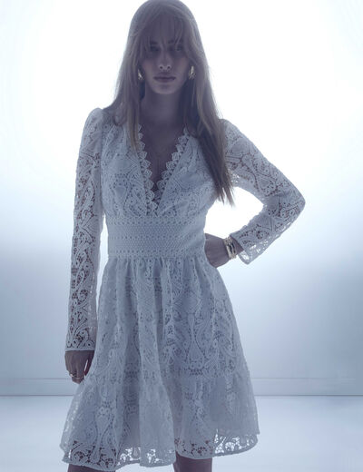 Vestido acampanado encaje blanco mujer